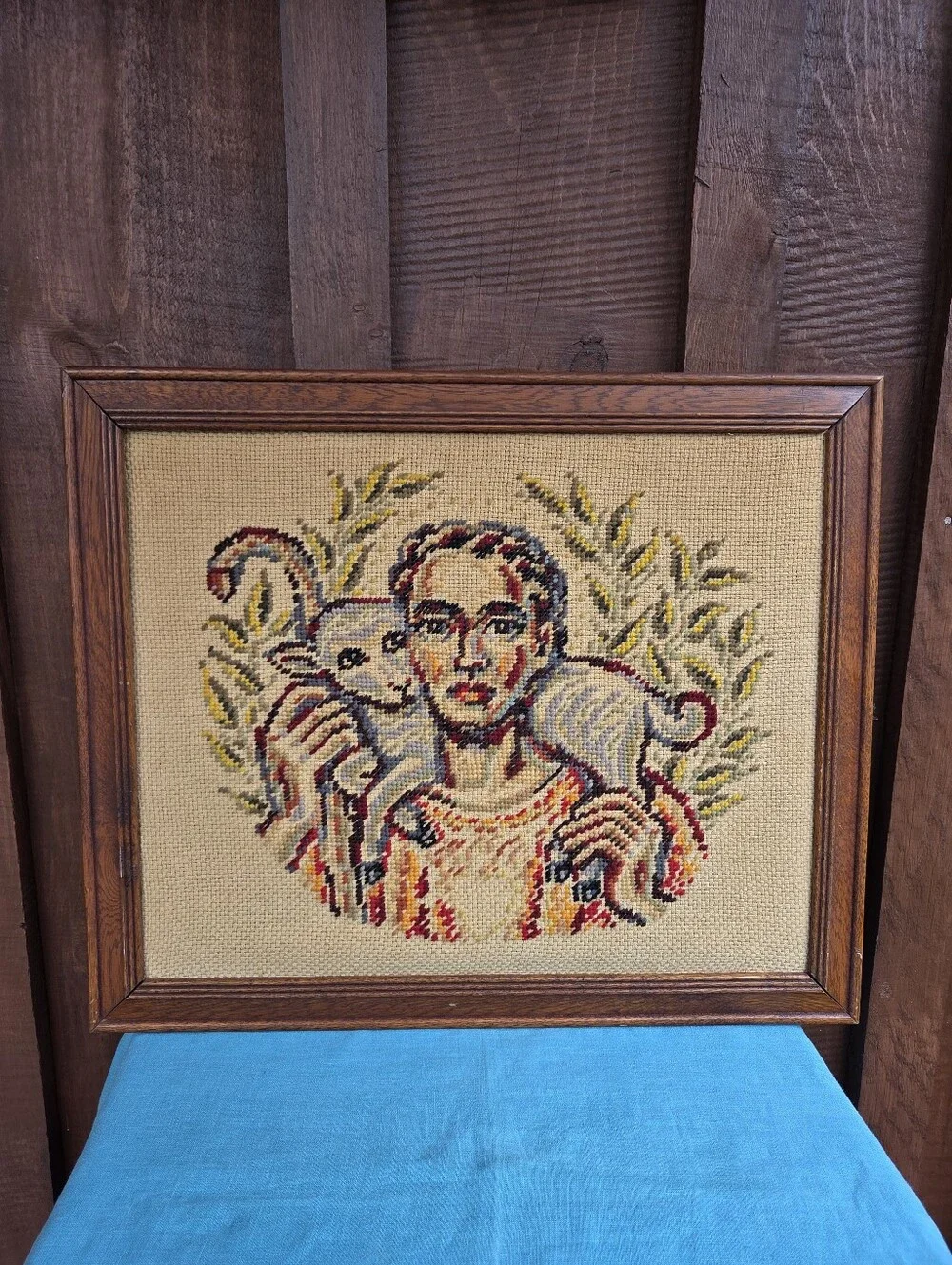 1950s The Good Shepherd Cross Stitch Framed Wall Art